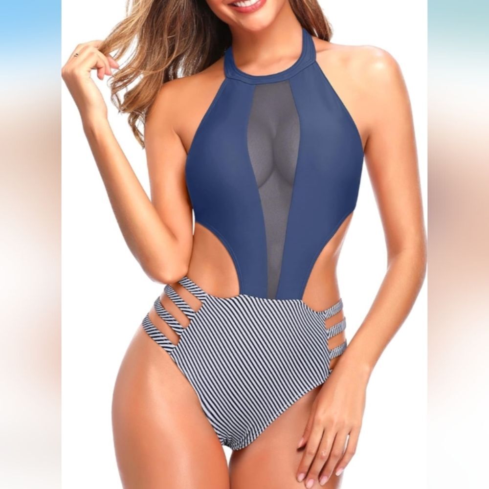 Tempt Me One Piece Sexy Mesh High Neck Halter Cutout Monokini Swimsuit Size xl